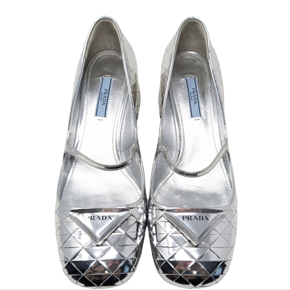 NEW PRADA Venice Metallic Silver Mary Jane Leather Heel Size EU 38 - Picture 1 of 16